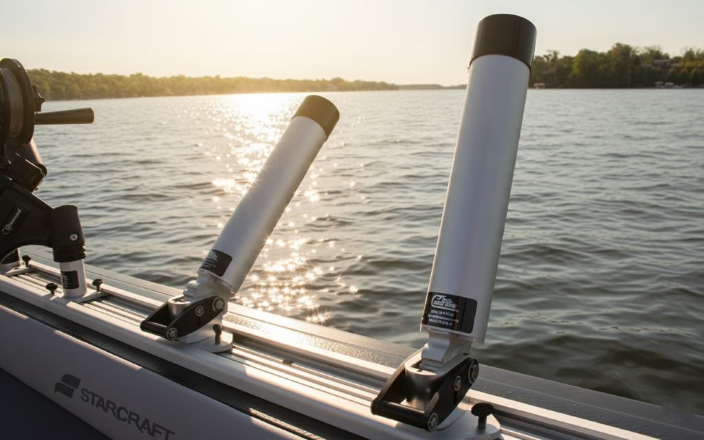 Stainless steel rail mount trolling rod holder with swivel base clamped to aluminum boat gunnel for flexible positioning