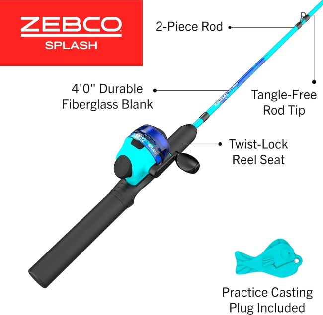Zebco Kids Splash Jr. spincast reel and 4-foot fishing rod combo pre-spooled with 6 lb line