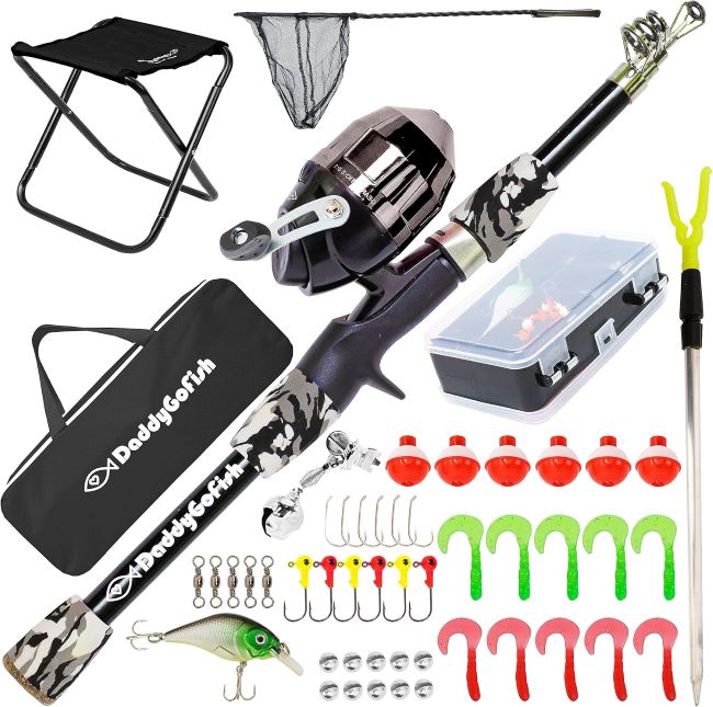 DaddyGoFish kids fishing pole rod and reel starter set with tackle box for toddlers and youth beginner anglers