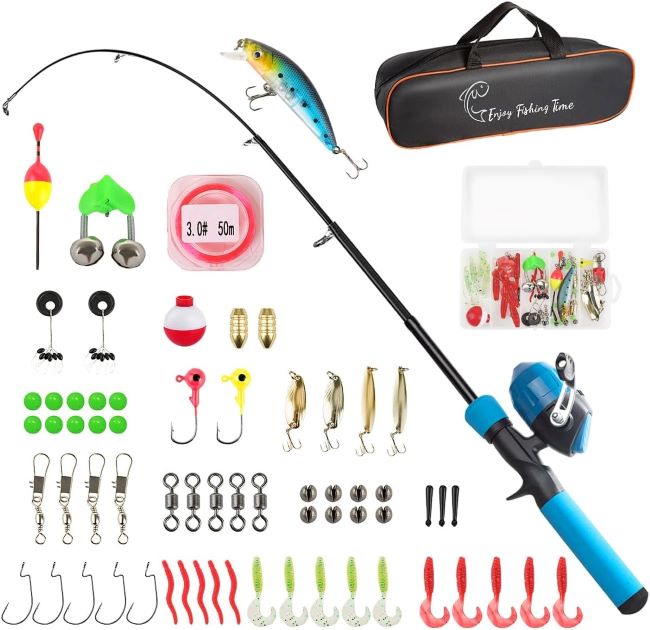 Ehowdin 59-inch telescopic fishing rod and spincast reel beginner combo with tackle box and carrier bag for kids