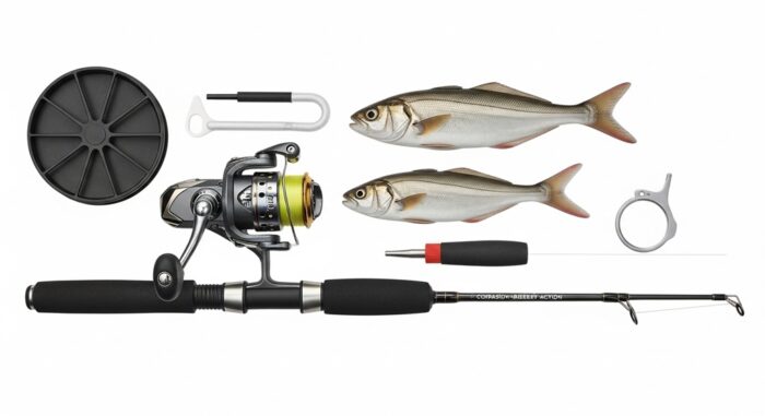 Surf fishing setup components including braided line and pyramid sinkers