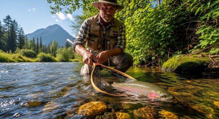 Angler using a small folding net to land a trout in a clear mountain stream