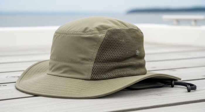 Close-up of a UPF 50 boonie fishing hat with mesh ventilation panels on a boat deck