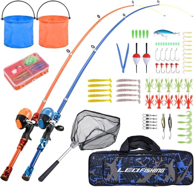LEOFISHING 2-pack portable kids fishing rod and reel combo set with full kit including net and bucket for boys and girls
