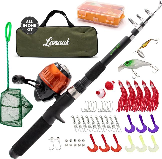 Lanaak kids portable telescopic fishing rod set with tackle box and net combo for boys and girls ages 5-10