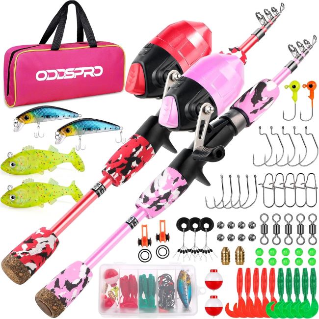 ODDSPRO pink portable telescopic fishing rod and spincast reel combo kit for girls and youth