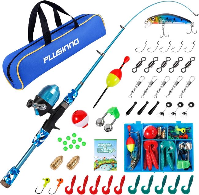 PLUSINNO kids telescopic fishing rod with spincast reel combo full kit for boys, girls, and adults