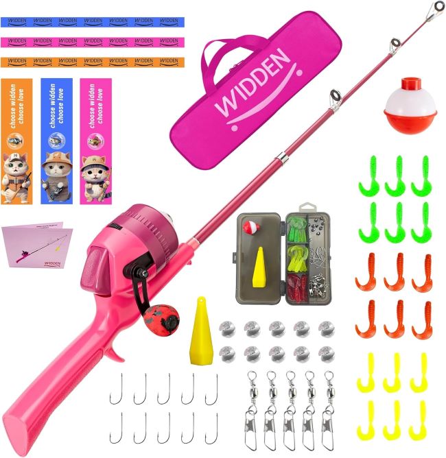 WIDDEN collapsible kids fishing rod and reel combo with tackle box, line, bobber, and soft lures for beginners over 4 years