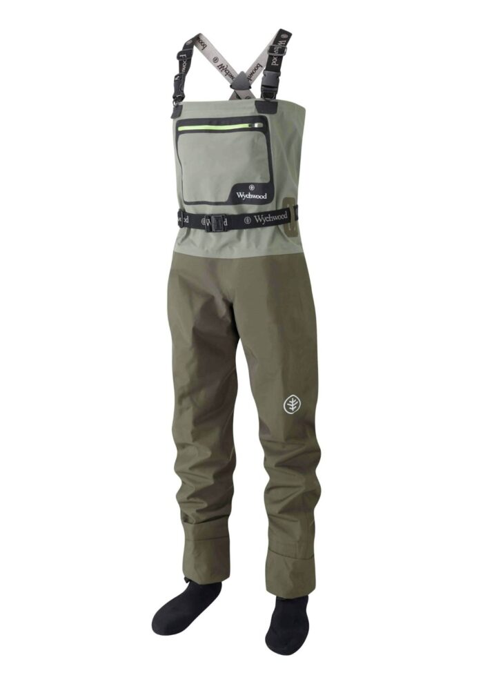Angler wearing waterproof fishing waders standing in a river while fishing.