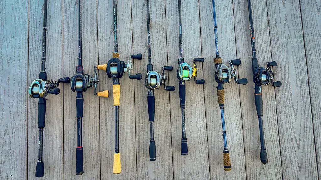 Different fishing rods displayed for freshwater and saltwater fishing styles.