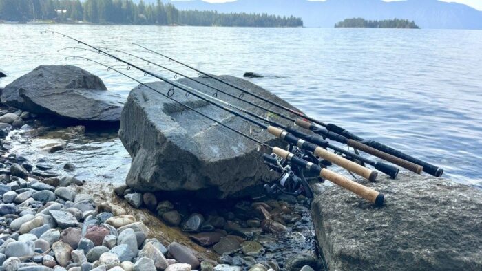 Angler using spinning rod while fishing in a calm river.