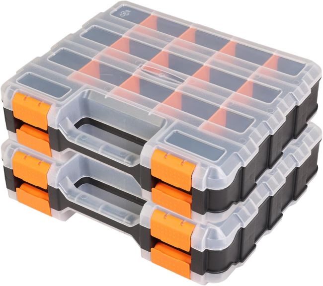 Jack Boss double-sided organizer box with transparent lid and compartments for fishing accessories, tools, and hardware