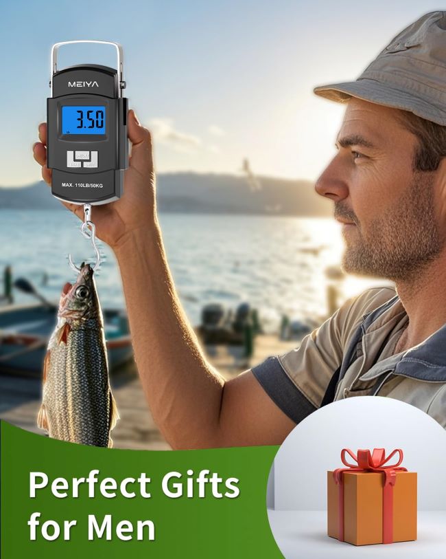MEIYA digital fish scale with 110lb capacity, backlit LCD, stainless steel hook and portable handle