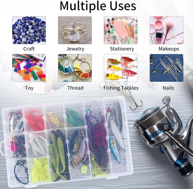 OUTUXED clear plastic bead and tackle organizer boxes with adjustable dividers for fishing gear and craft storage