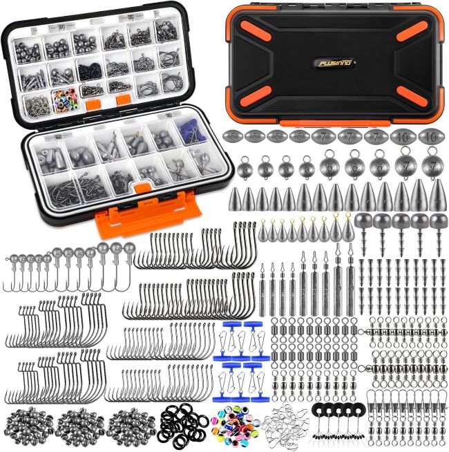 PLUSINNO 264/397pcs fishing tackle box kit with hooks, sinkers, swivels, and beads for bass and trout fishing gear organization
