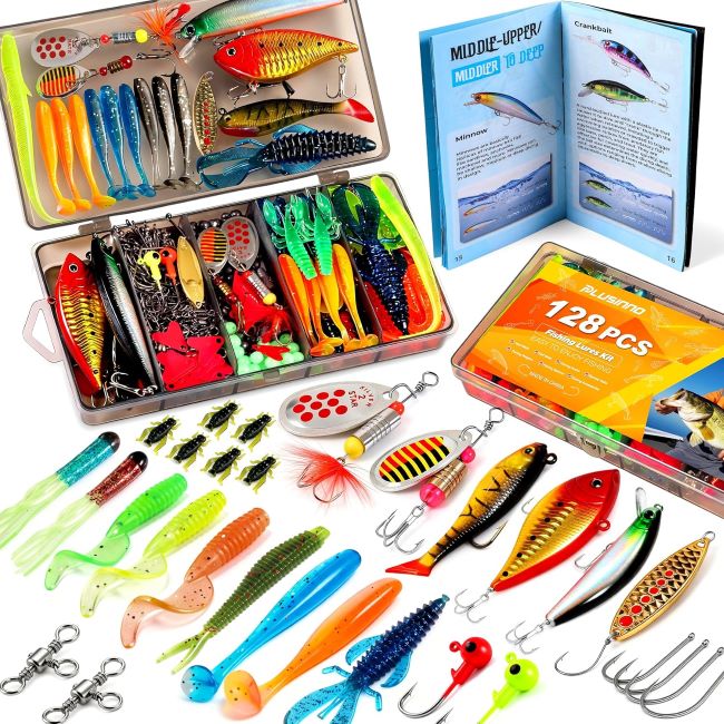 PLUSINNO all-in-one fishing lures and tackle box kit with bait accessories designed for freshwater bass and trout fishing