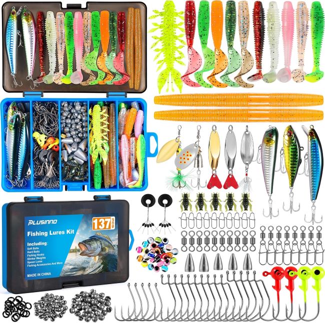 PLUSINNO 137-piece fishing lure kit with crankbaits, hooks, weights, and accessories for bass fishing and outdoor use