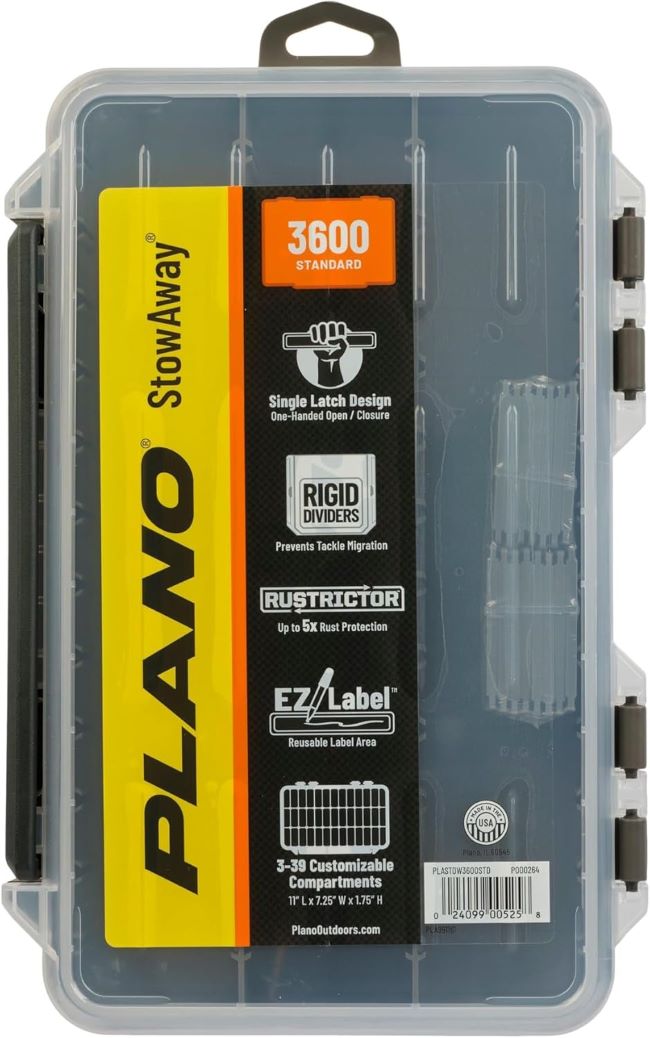 Plano StowAway 3600 tackle box with transparent lid and stackable design for organized fishing bait and lure storage