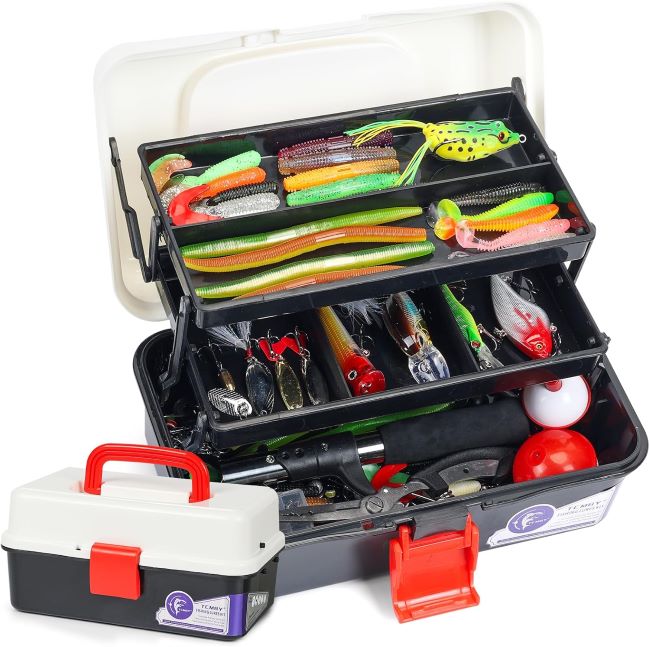 TCMBY 321-piece 3-layer fishing tackle box kit with pliers, crankbaits, hooks, and complete bass fishing accessories