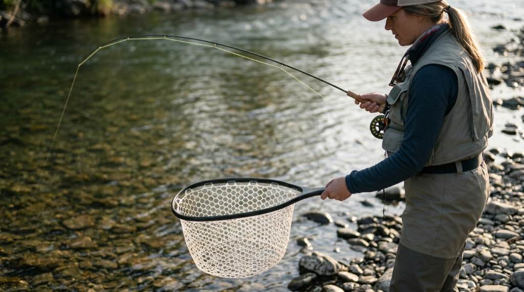 Angler using a rubber fishing net to land a walleye in Minnesota