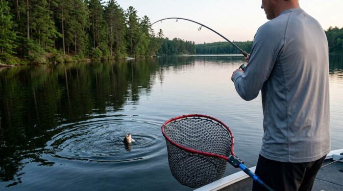 Long handled fishing net ready for ice fishing in winter
