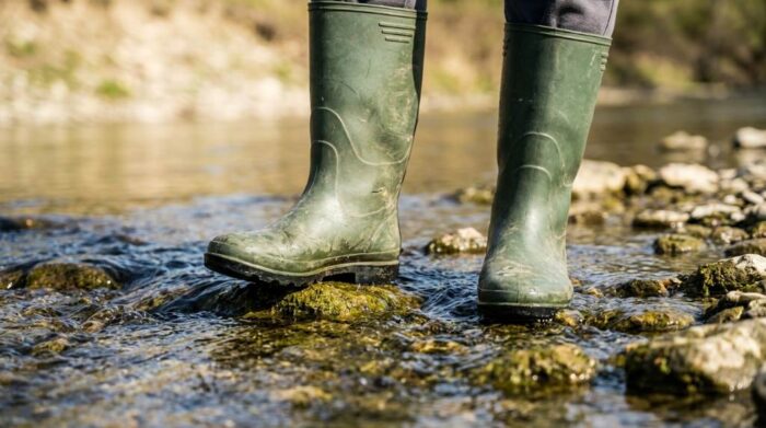 Wading boots for fly fishing in a shallow river