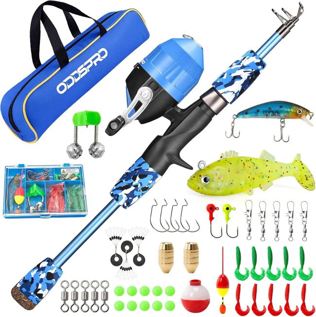 ODDSPRO kids fishing pole with spincast reel and tackle box for beginner anglers in New York