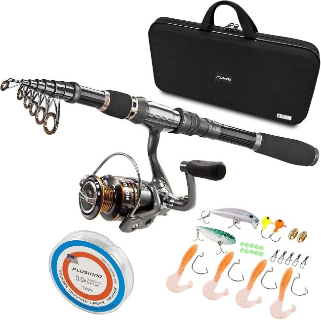 PLUSINNO carbon fiber telescopic fishing rod combo with spinning reel ready for fishing in Florida