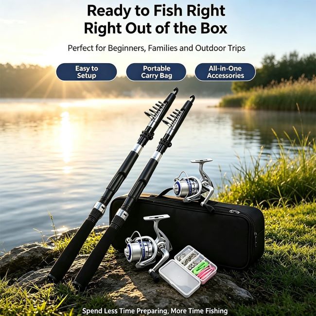 Complete ministoream fishing combo including collapsible rods, spinning reels, tackle, and travel case ready for California fishing