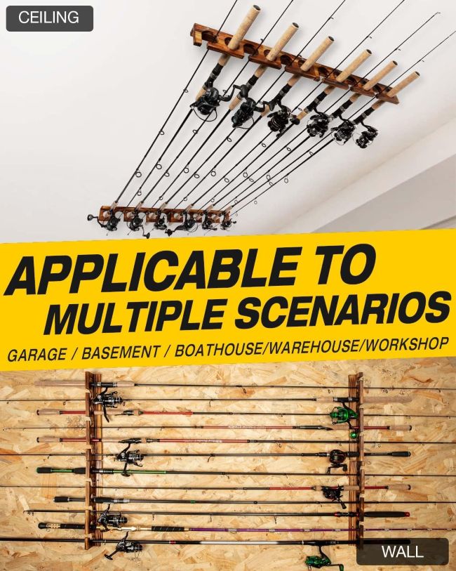 Ghosthorn wall or ceiling mount fishing rod rack holding multiple rods securely in an Alabama garage
