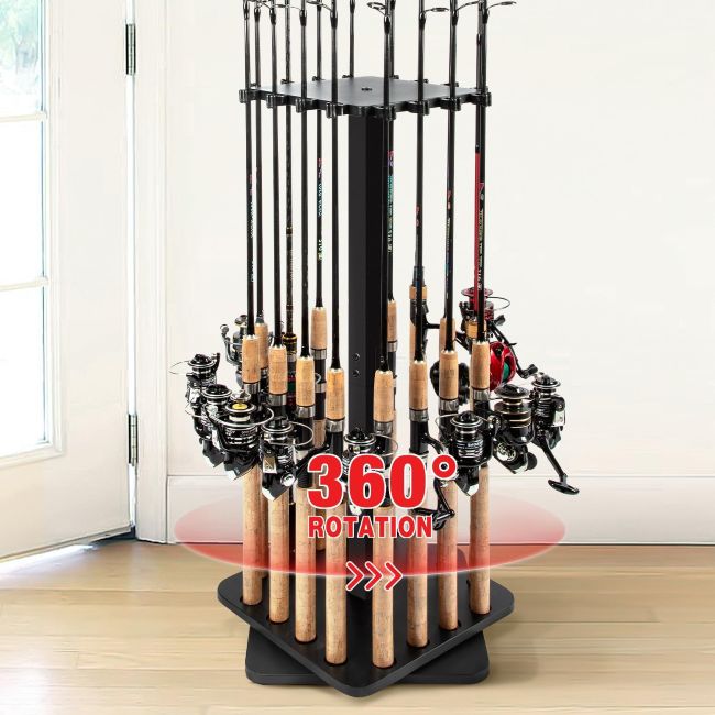 Ghosthorn rotating fishing rod rack with stable wood base in an Oregon garage