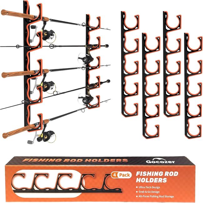 Gocozer H5 fishing rod holders mounted on a Colorado garage wall for organized storage