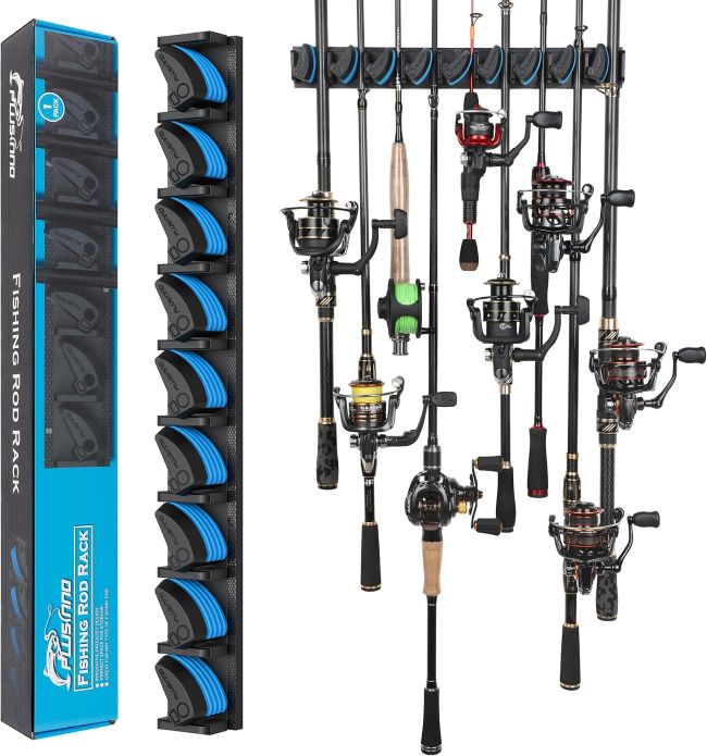PLUSINNO V9 vertical fishing rod holder mounted on a Missouri garage wall