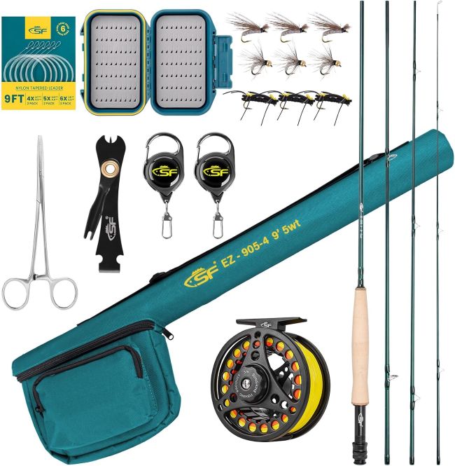 SF Fly Fishing Rod Combo with rod, reel, and accessories