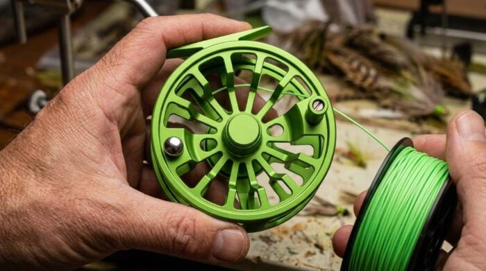 Adjusting oversized rear micro-click drag knob while wading coastal flat.