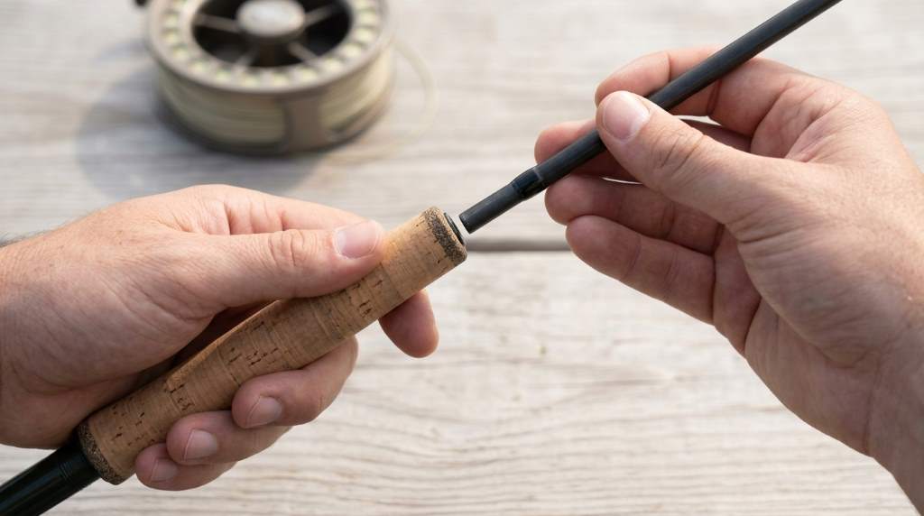 Angler assembling four-piece Maxcatch Extreme graphite fly rod beside river.