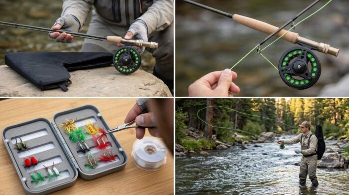 Angler joining four carbon fiber rod sections of Plusinno fly combo using alignment dots.