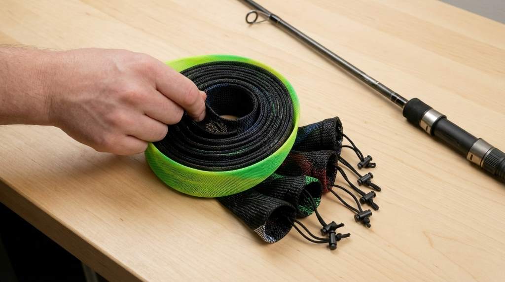 Angler sliding black braided SF rod sock smoothly over graphite casting rod guides.