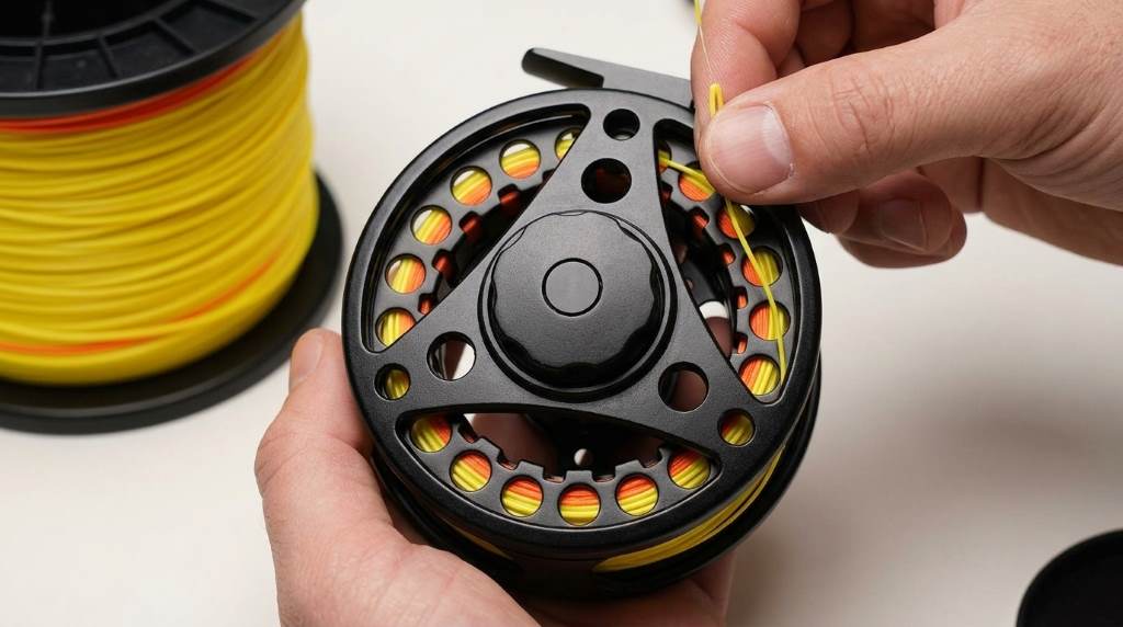 Angler spooling yellow weight-forward fly line onto SF SF-001 large arbor reel