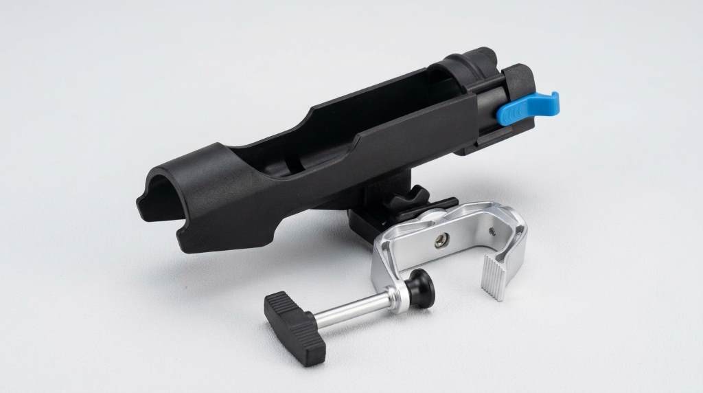 Angler using bubble level to align black Plusinno rod holder bracket on wooden garage wall.
