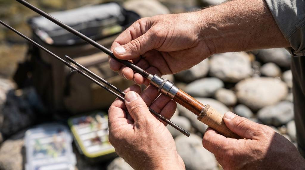 Delicate dry fly presentation landing softly on crystal clear river current.