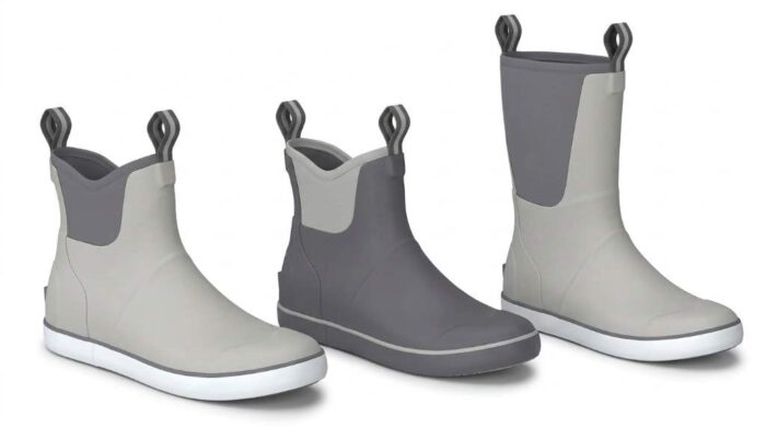 Dual heavy-duty webbing pull loops on waterproof rubber marine deck shoe collar.