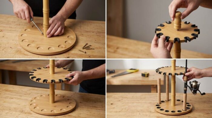Dual-sided Rush Creek Creations solid pine rod rack fully loaded with 16 fishing combos.