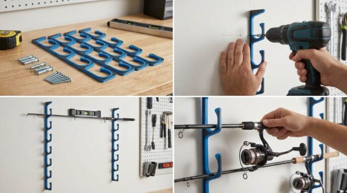 Five fishing rods organized horizontally in Plusinno H5P holders along modern workshop wall.