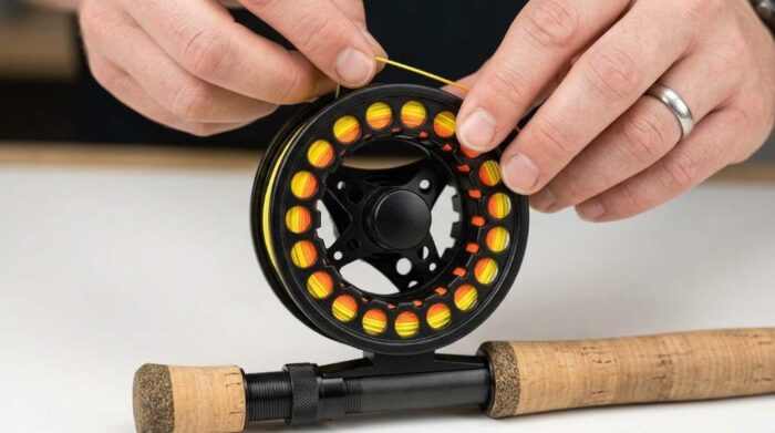 Fly fisher adjusting rear knurled drag knob beside rushing trout stream