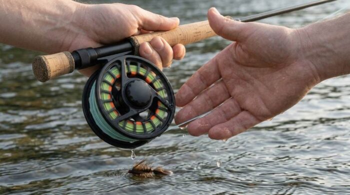 Fly fisher adjusting rear sealed drag dial while wading pristine trout stream.