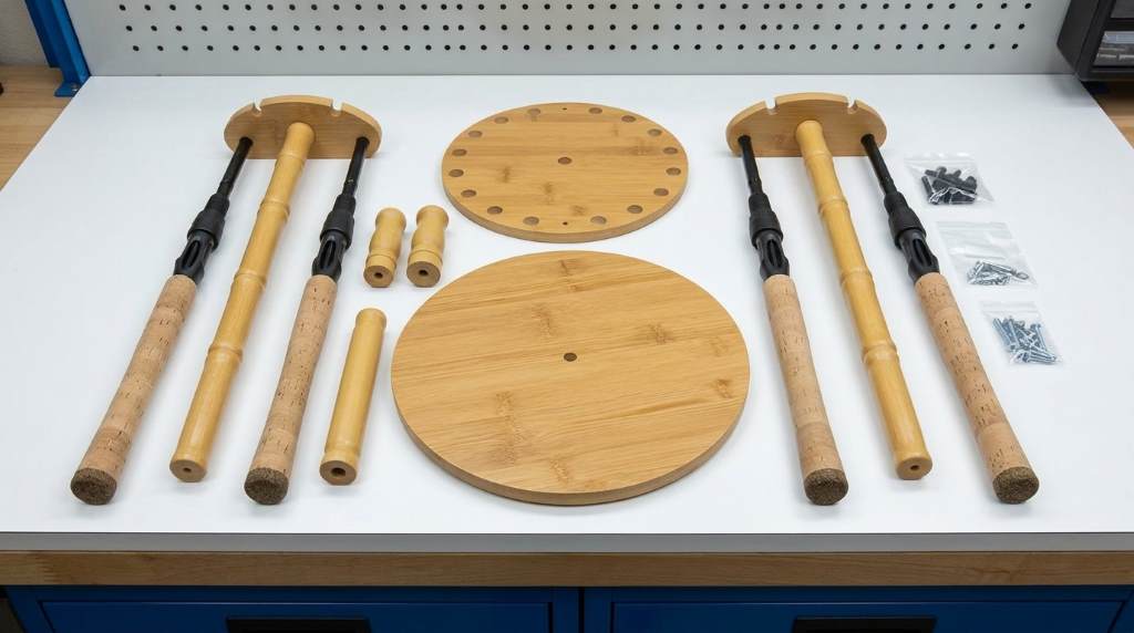 Hand assembling solid pine side panel of Rush Creek 16 rod rack using hex key wrench.