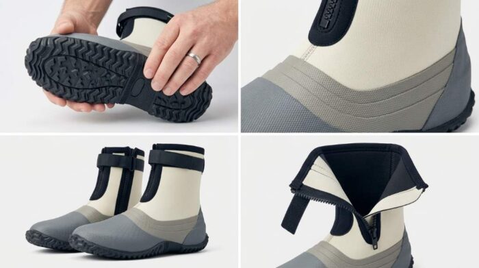 Marine-grade nylon zipper and ankle support strap on durable saltwater wading shoe.