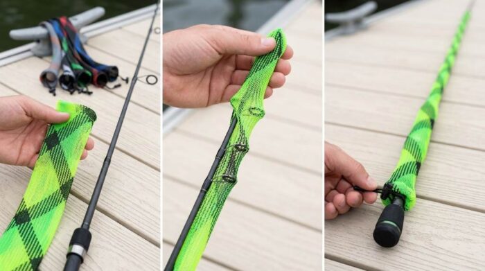 Multiple fishing rods encased in colorful SF protective sleeves stacked inside boat locker.