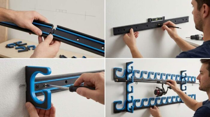 Plusinno H5 horizontal rod rack mounted neatly on wooden workshop wall holding fishing combos.